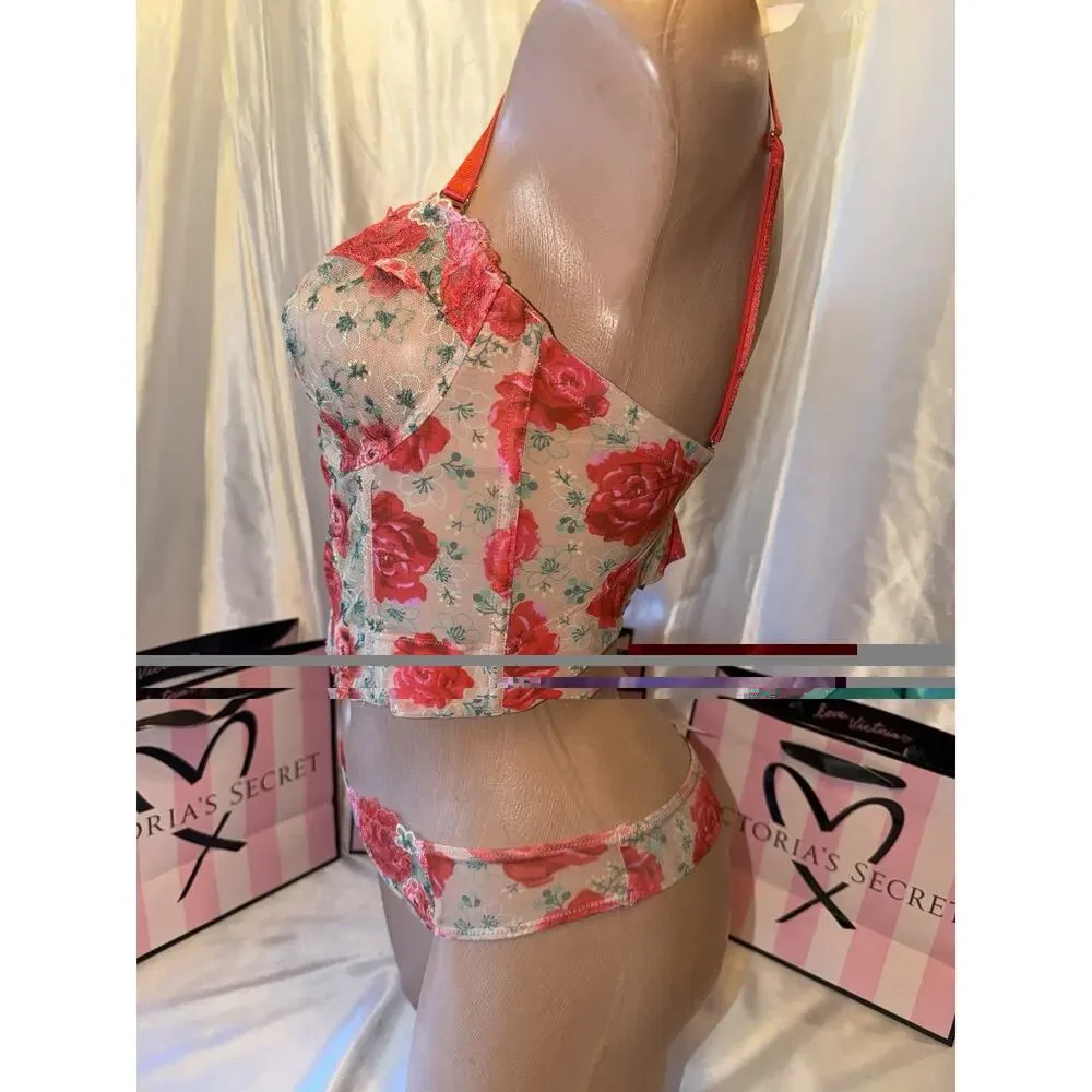 Victorias Secret Bra Corset Clubbing Top 34DD Small Thong Embroidered Rose - Picture 7 of 8